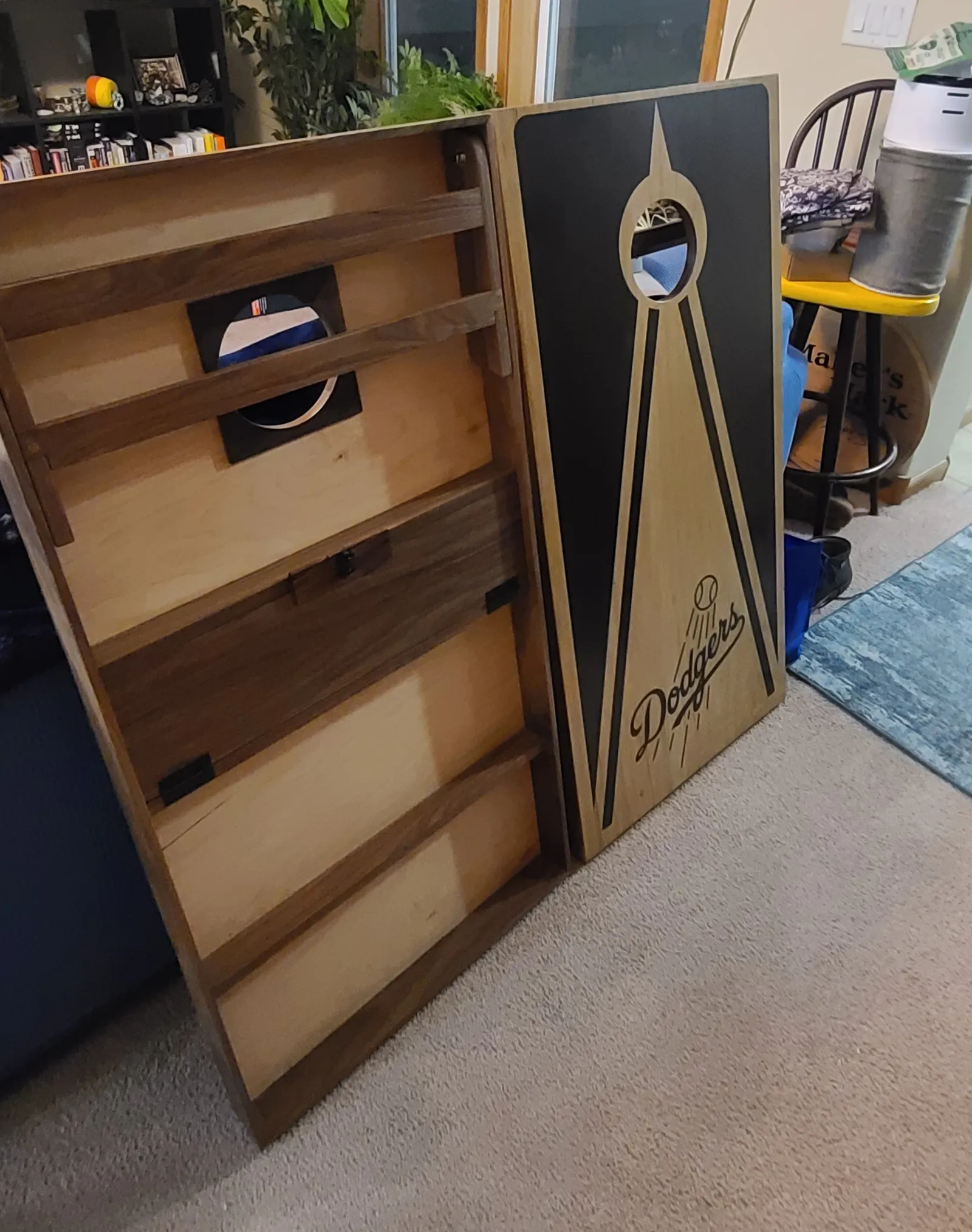 Dodgers Cornhole Boards in Baltic Birch Plywood, Black Walnut — handcrafted by Timber and Tides Woodcraft in Northern Colorado